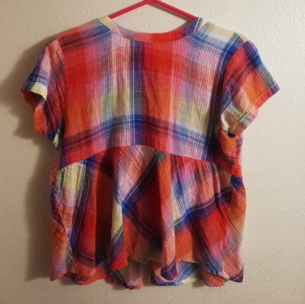 Plaid Blouse with Tie Closure in back